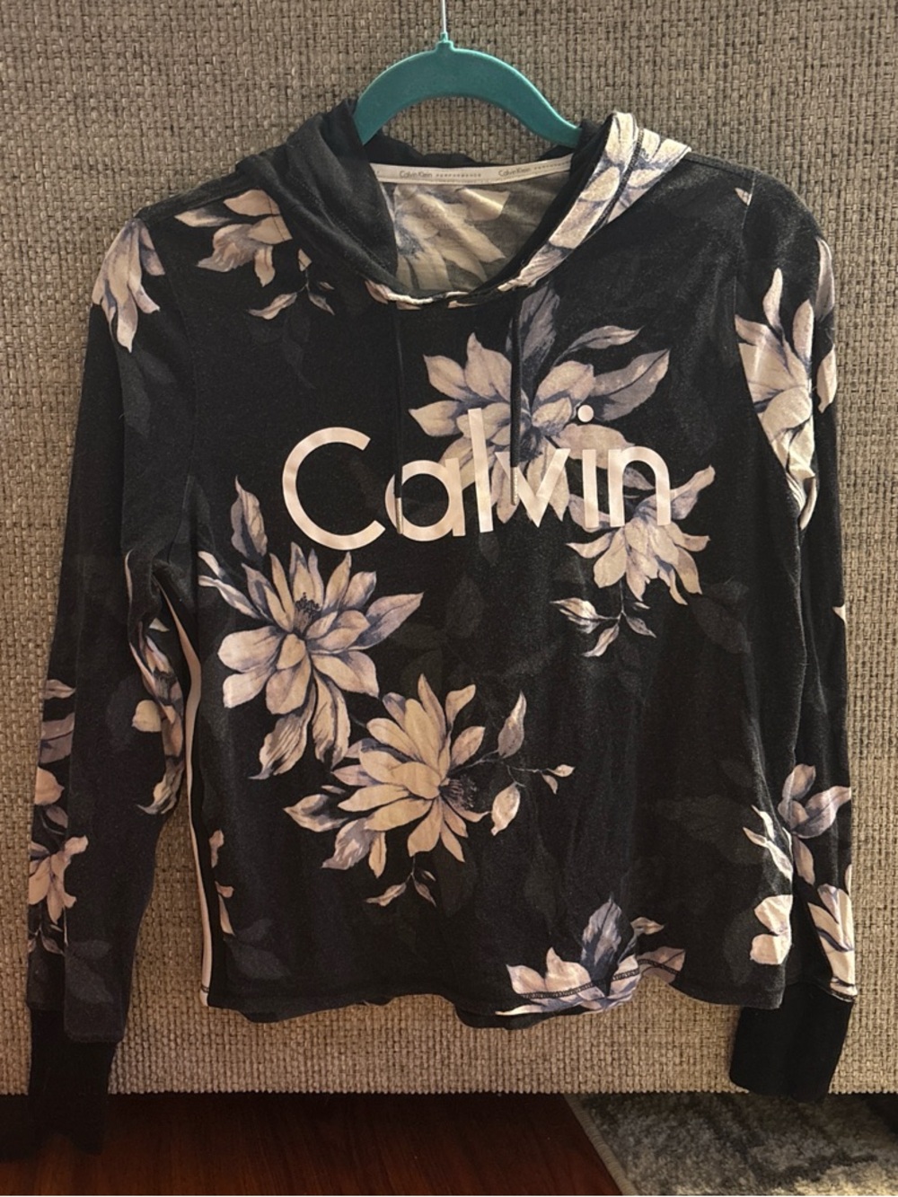 Calvin Klein Black Hoodie with White Floral Print and Logo